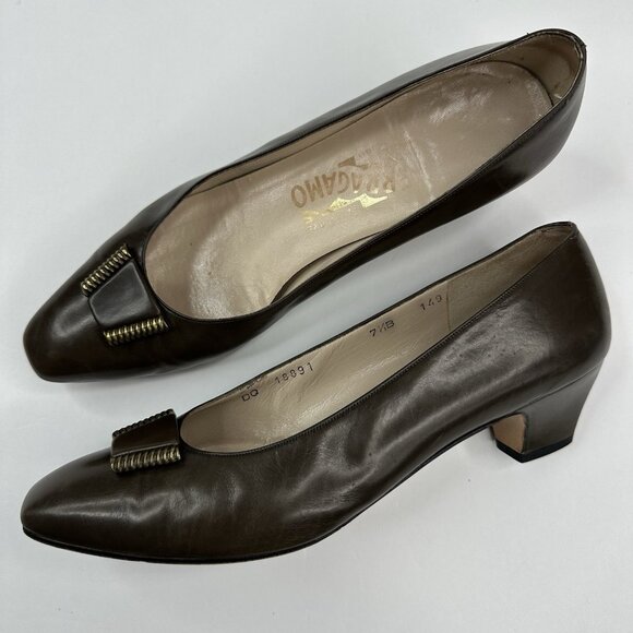 Salvatore Ferragamo Women’s Brown Canora‎ Designer Leather Pump US 7.5 B - Picture 1 of 16